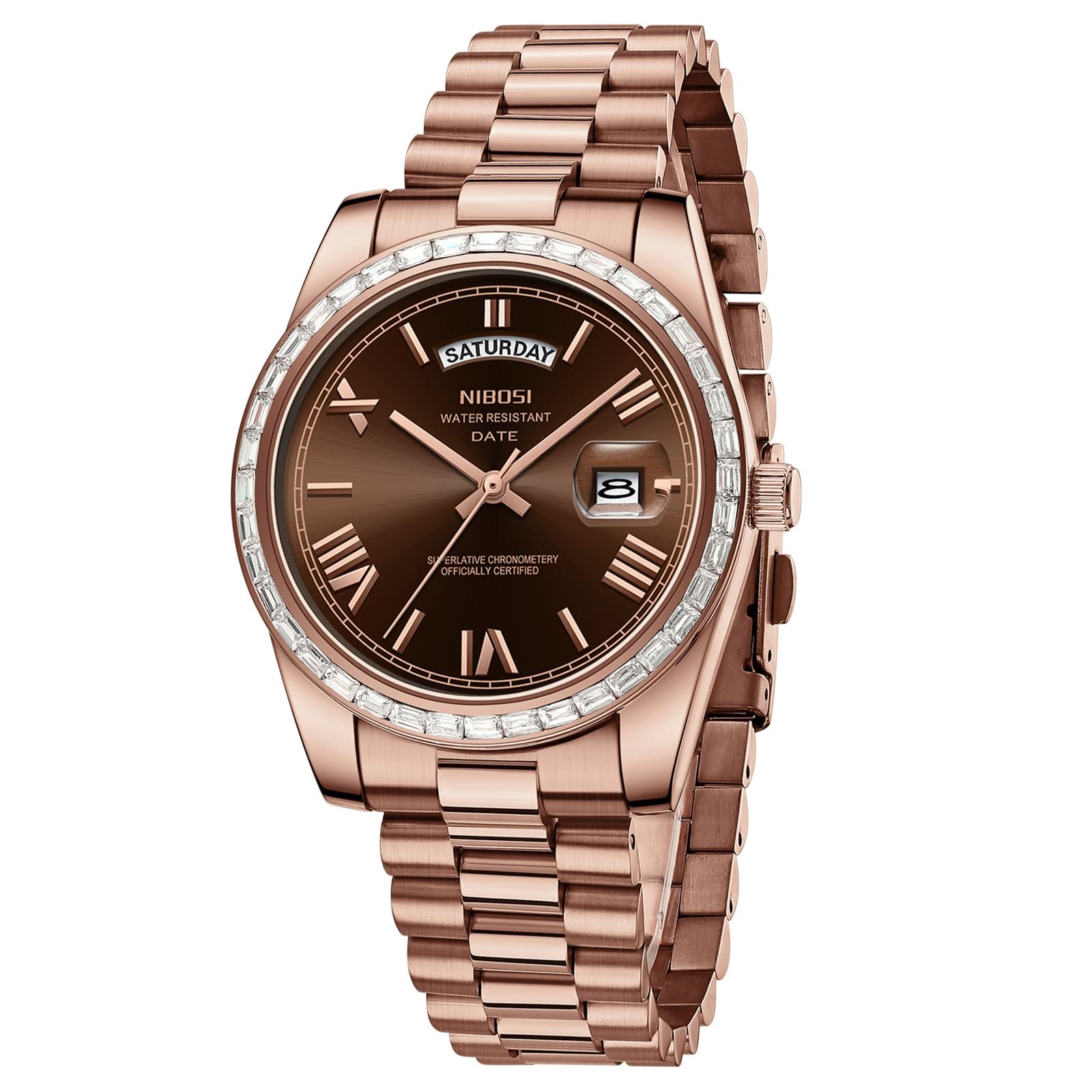 Men’s Watches Analog Quartz Diamond Bezel Stainless Steel Brown Dial Rose Gol…