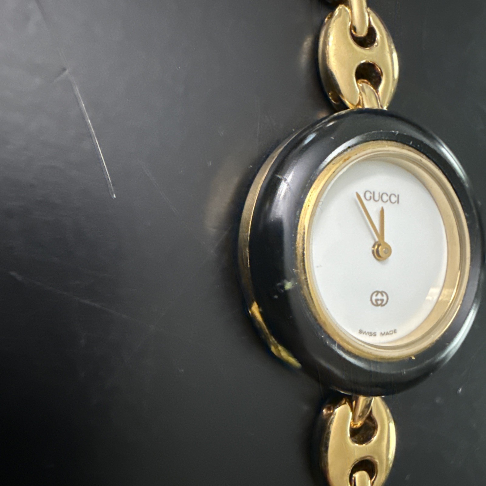 Parts Vintage GUCCI 1100-L Change Bezel Quartz Black Gold 26mm Women’s Watch