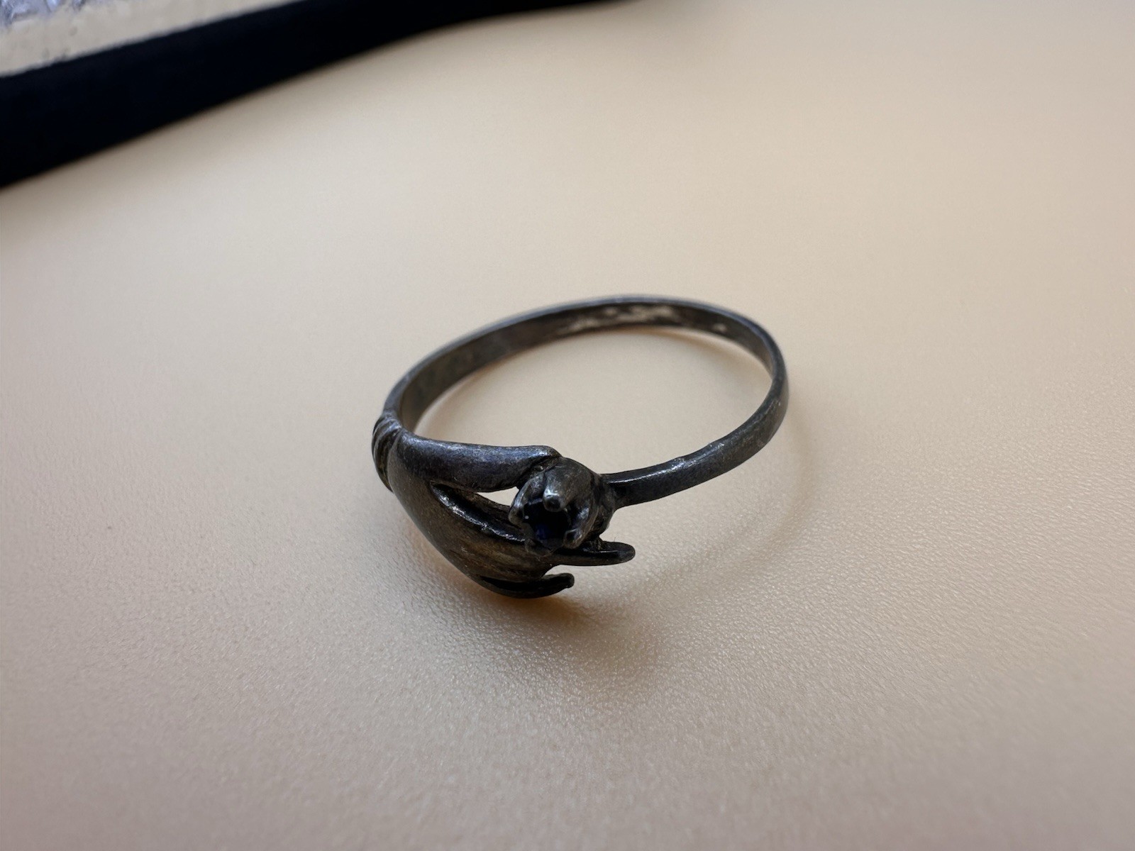 Vintage Silver Hand Ring Size 8 Black Stone Gothic Victorian Revival Goth