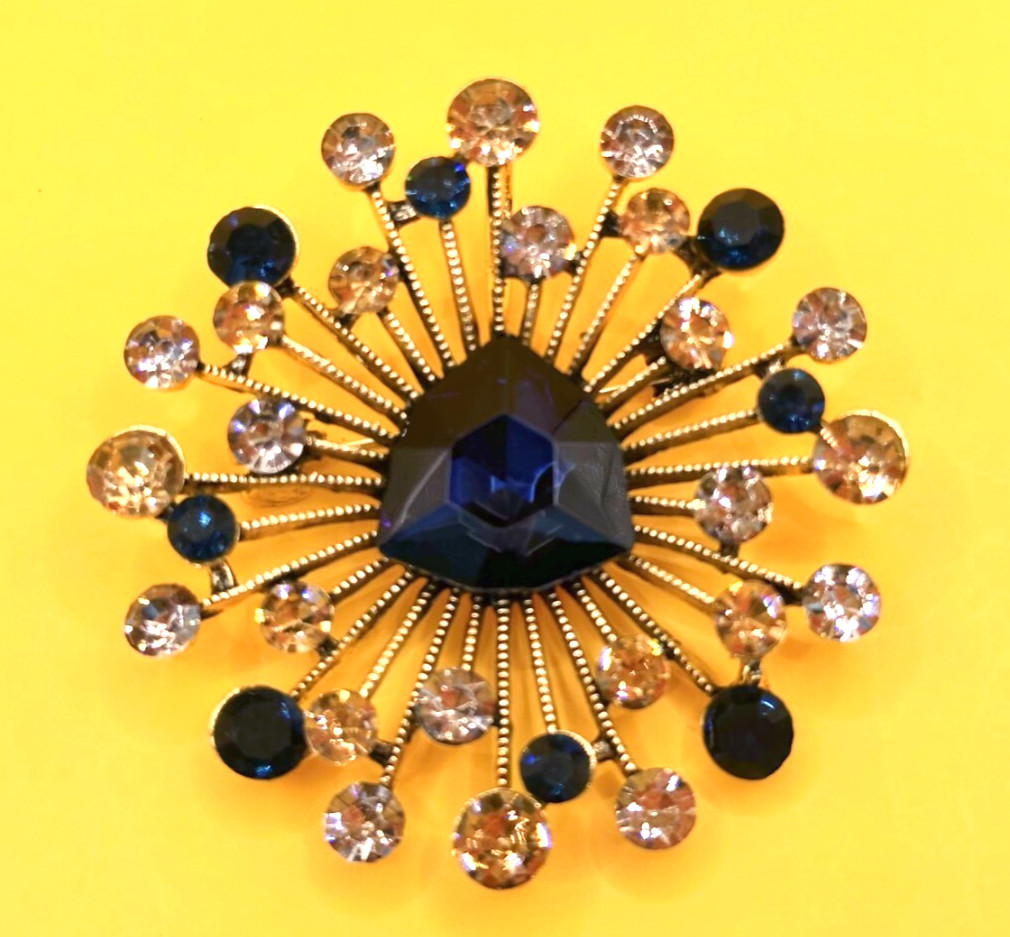 Gold Tone Dark Blue and Peach color rhinestones Sparkling Brooch