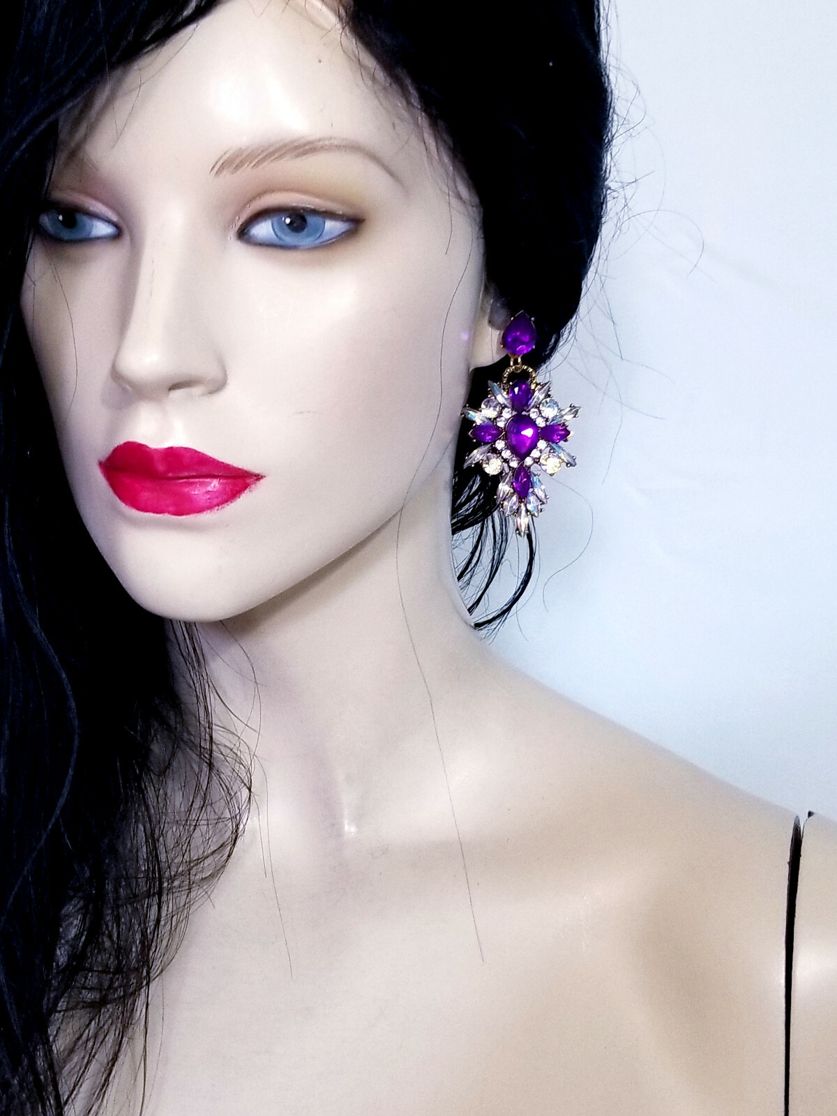 Chandelier Earrings Purple Rhinestone Crystal 2.8 in