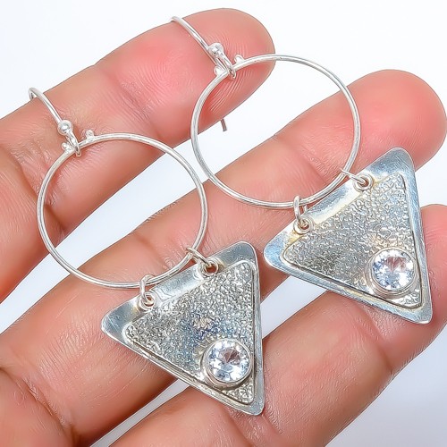 White Topaz Sand Paper Textured 925 Sterling Silver Handmade Earring 2.42″ A3