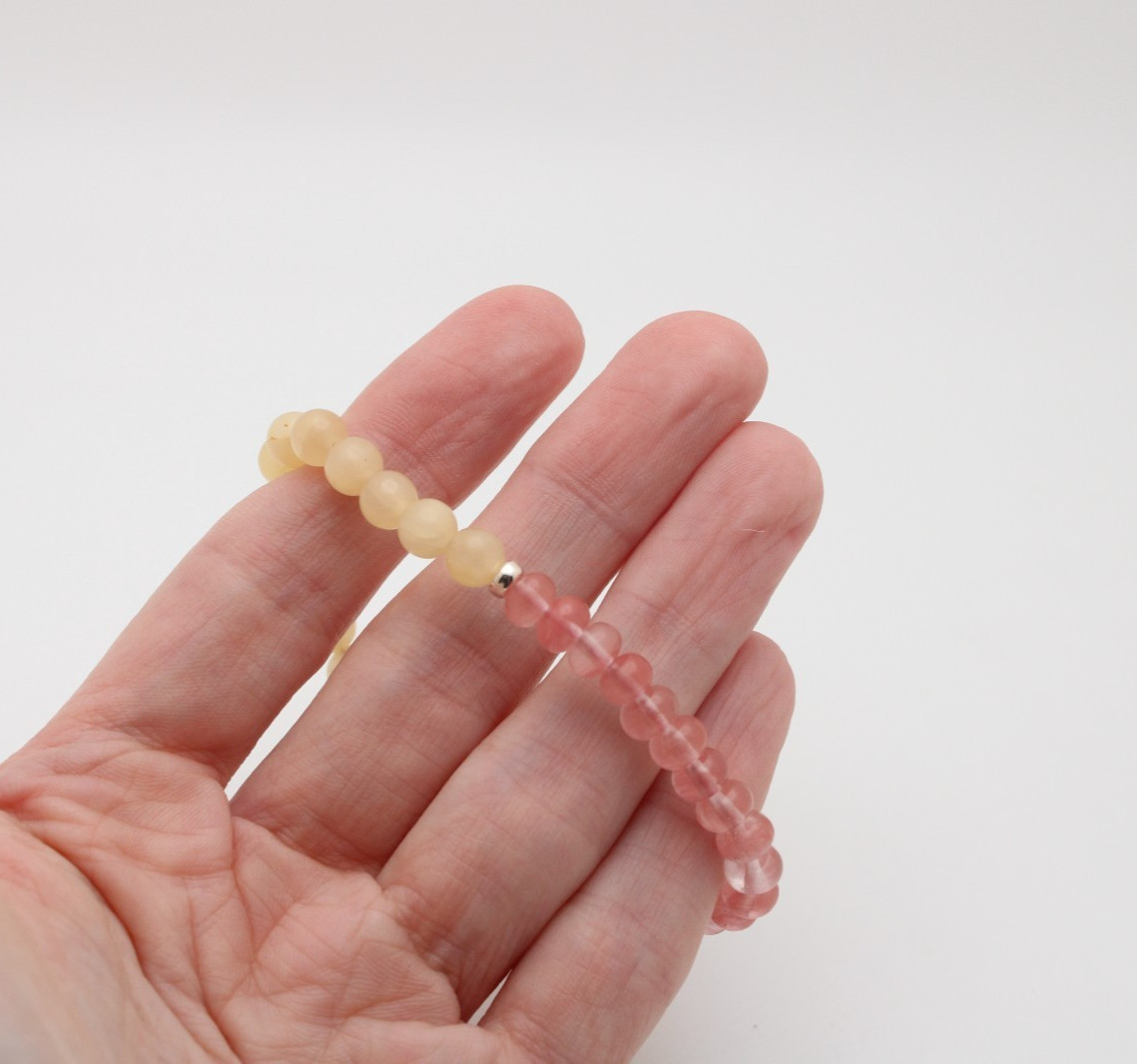 925 Sterling Silver Cherry Quartz Lemon Jade 6.25mm Stone Bracelet 7.25 In