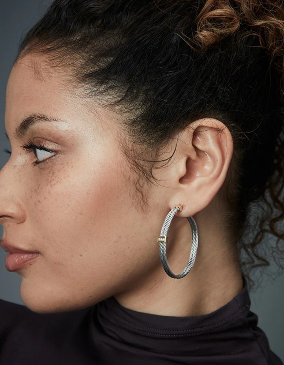 Women’s Double Cable Earrings Connected With Bar In Gold IP With Zirconia