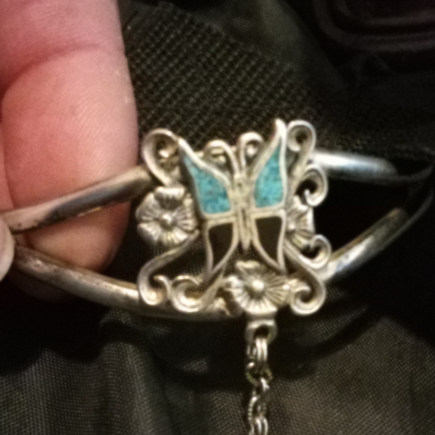 Silver-Tone Butterfly Cuff Bracelet w/ Blue Inlay Cable Chain Dangle Charms