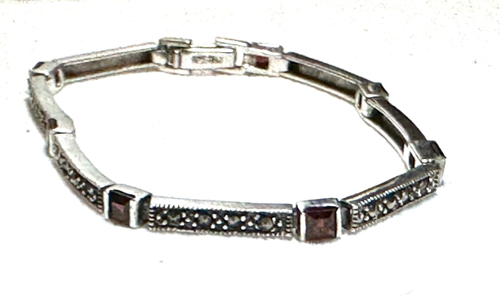 Vintage Sterling Silver Marcasite & Garnet/Ruby Bracelet 7″