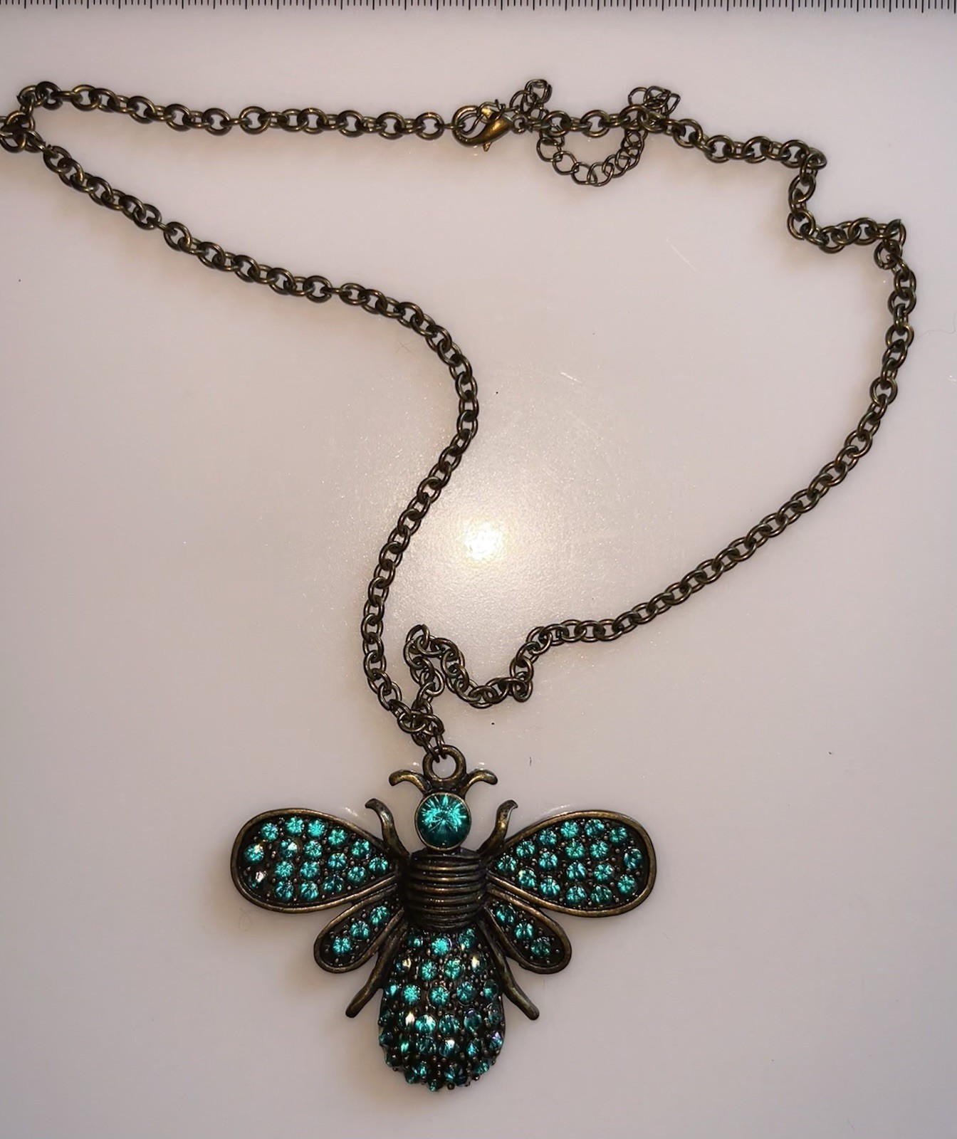 Bronze-tone Teal Crystal Pavé Bee Charm Pendant Necklace, Adjustable Curb Chain