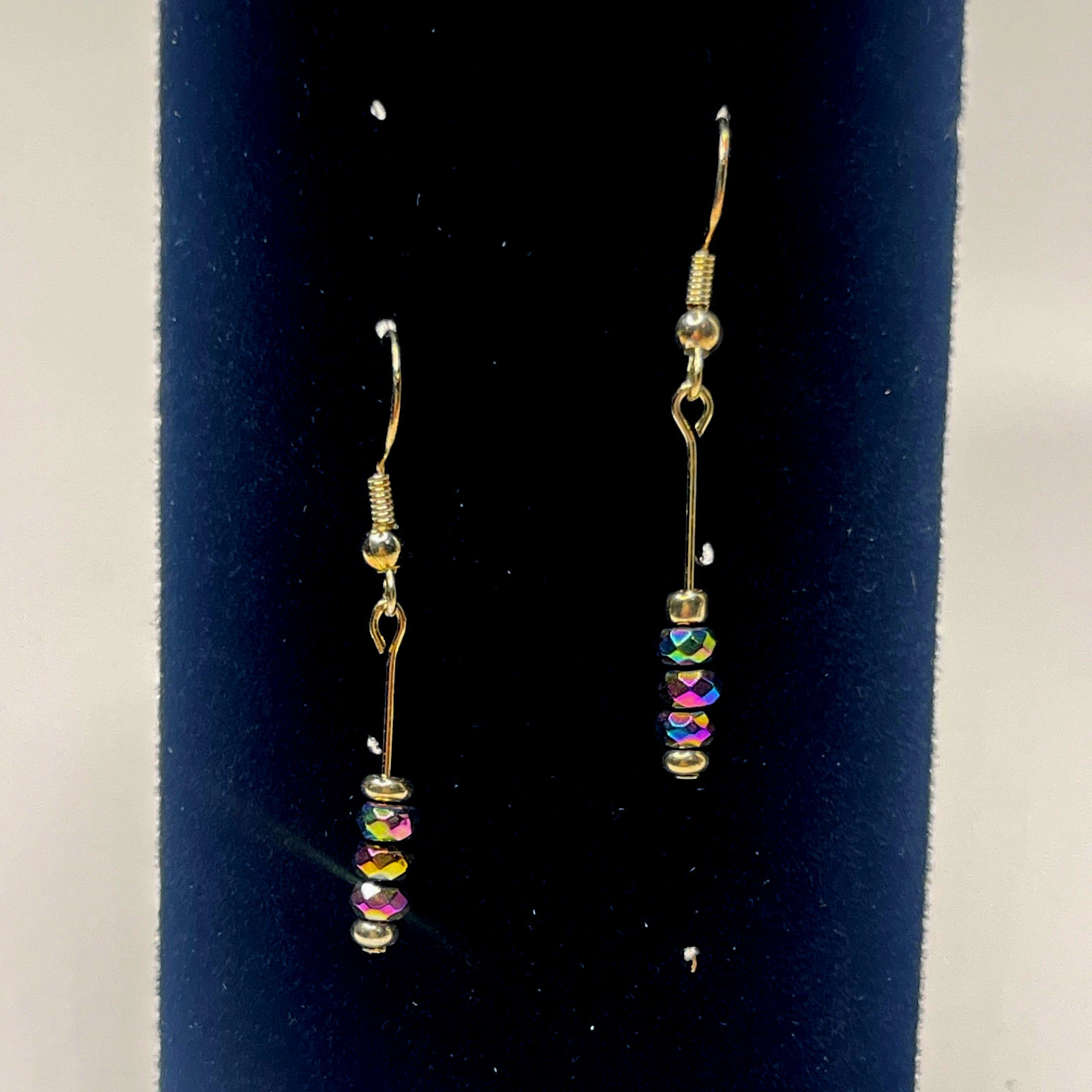 Earrings: 1.75in Hand Beaded Multicolor Glass & Gold Plated Bead Dangle/Drop