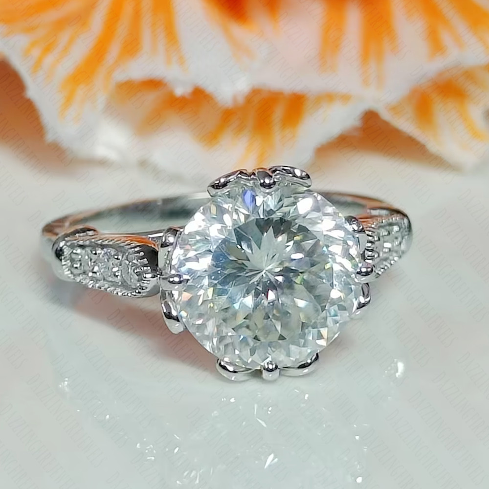 2.56 TCW Round Cut Portuguese Moissanite Engagement Ring 14k White Gold Plated