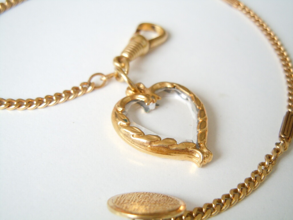 Button Watch Chain Pendant Heart GlassAmerik FBM Friedrich Binder 11 G/25.5 Cm
