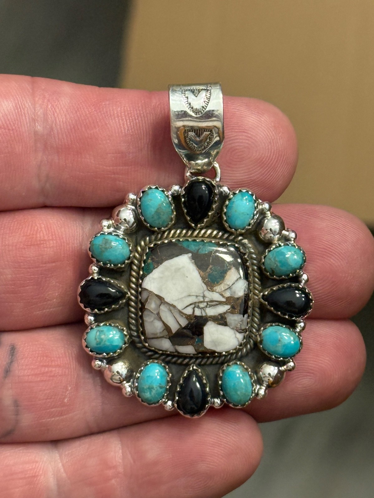 STERLING SILVER TURQUOISE WHITE BUFFALO MIX ONYX BIG CLUSTER DOME PENDANT .925