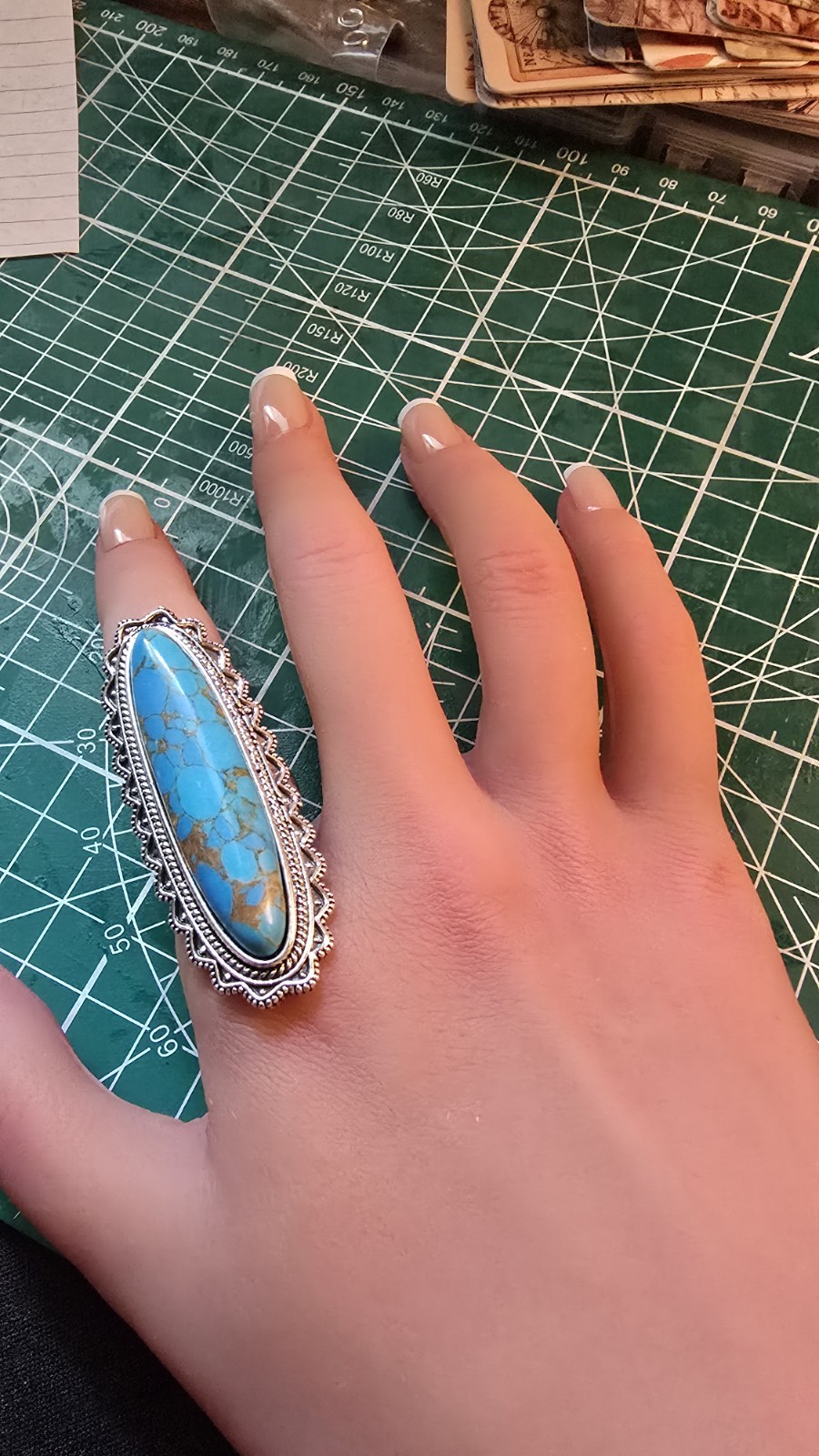 Turquoise Accent Inspired Boho Ring Size 8 includes box 2″ long zinc alloy