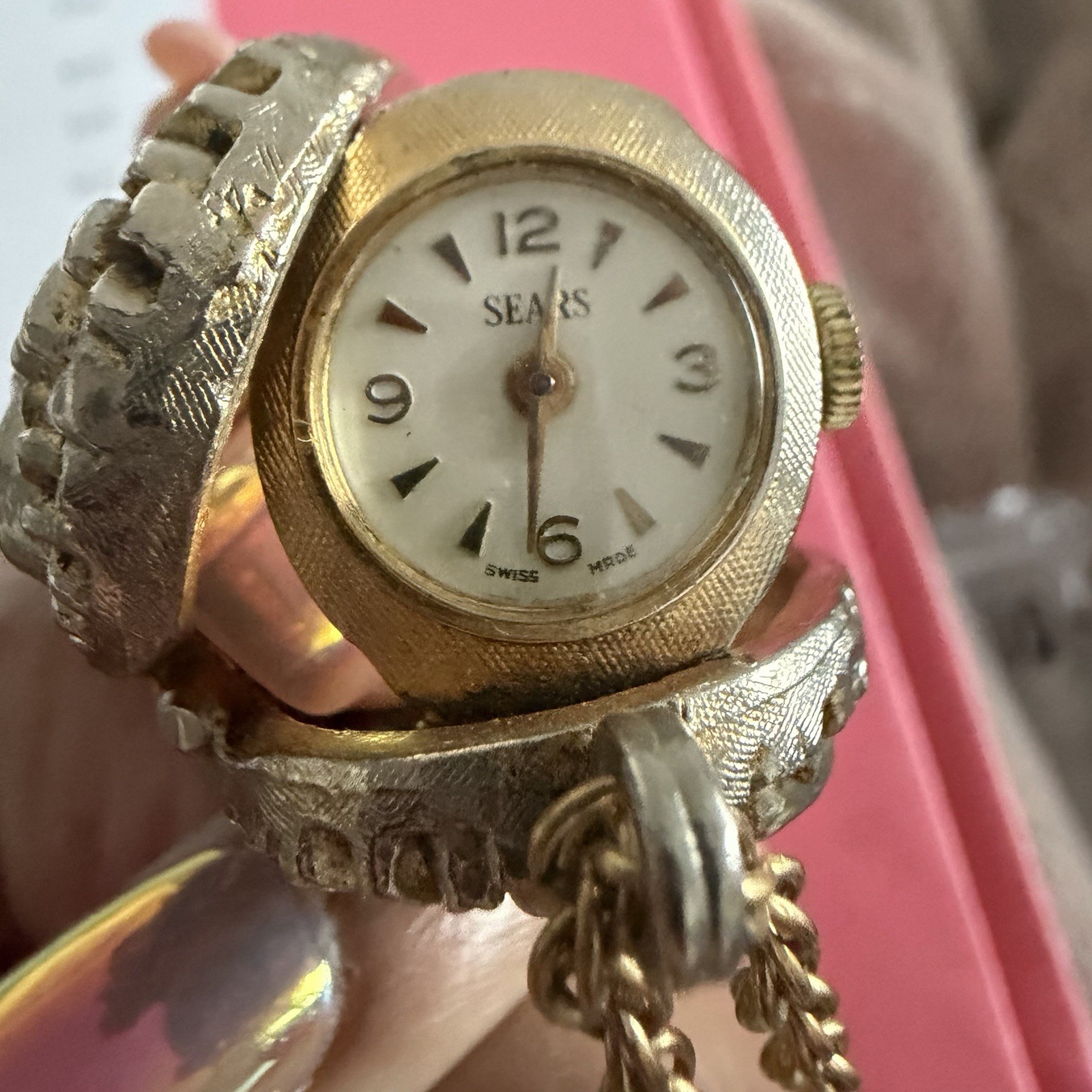 Vintage Sears Swiss Hidden Watch Pendant Necklace Floral Secret Locket Wind Up