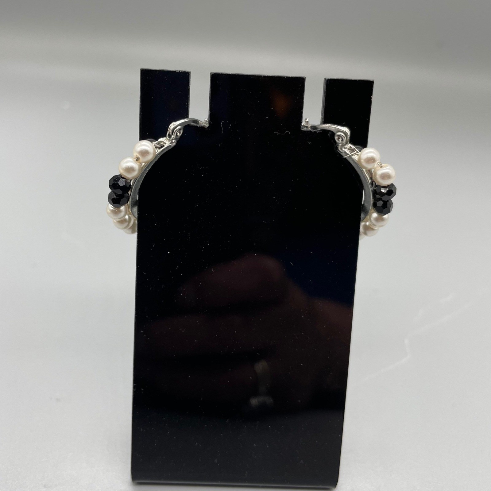 Silver Tone Faux Pearl and Black Beaded Hoop Earrings Latch Back 1 Inch
