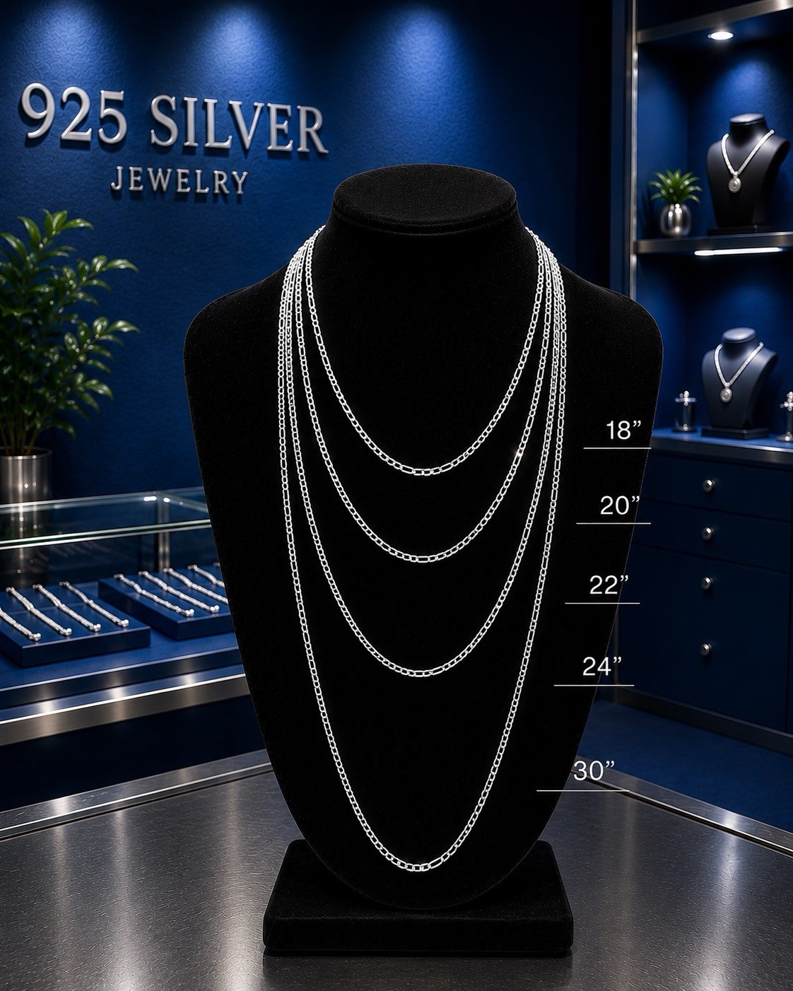 Real 925 italy Sterling Silver Figaro Solid Chain Necklace 18,22,24,30