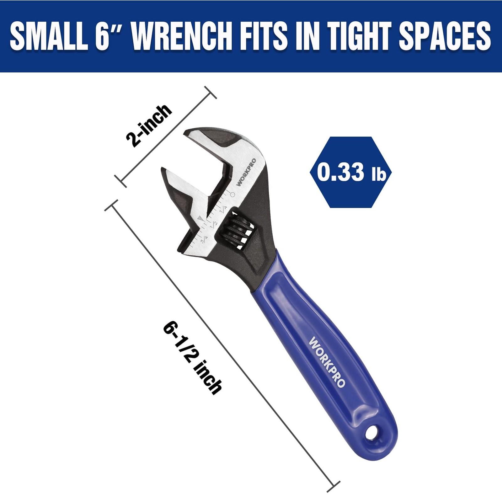 WORKPRO 6-Inch Adjustable Wrench, Wide Jaw Cr-V Steel Black 6 inch, Blue
