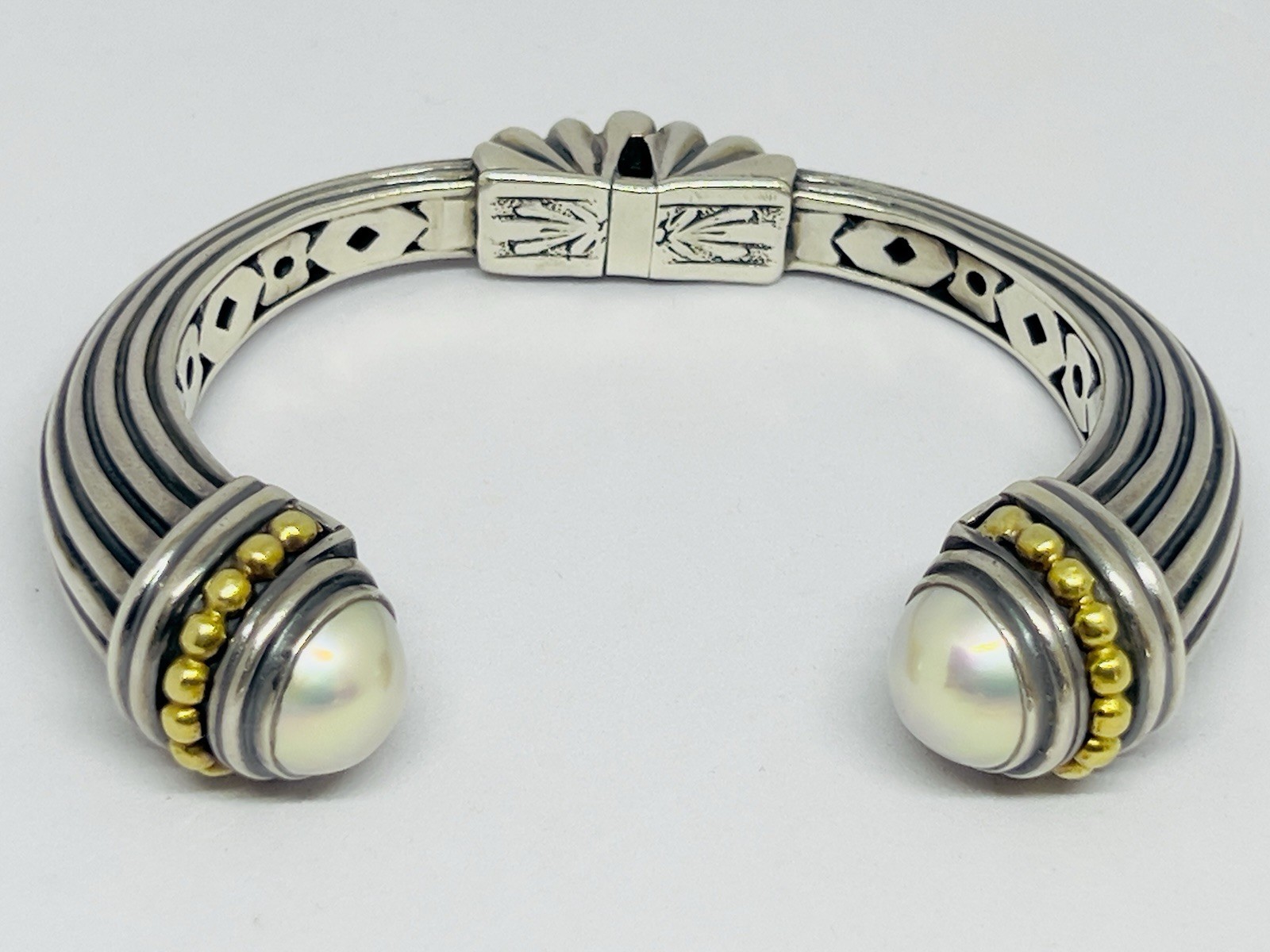 LAGOS Caviar Heavy 925/18k Yellow Gold Hinged Cuff Bracelet Mabe Pearls 64.7 g
