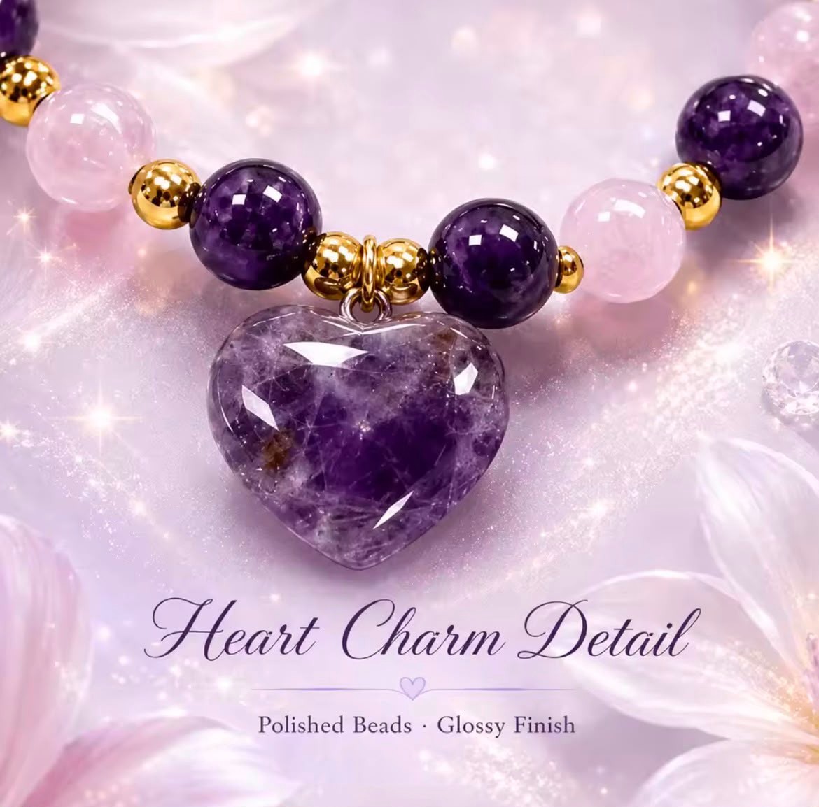 Purple Pink Amethyst Rose Quartz Heart Charm Stretch Bracelet Gold Women