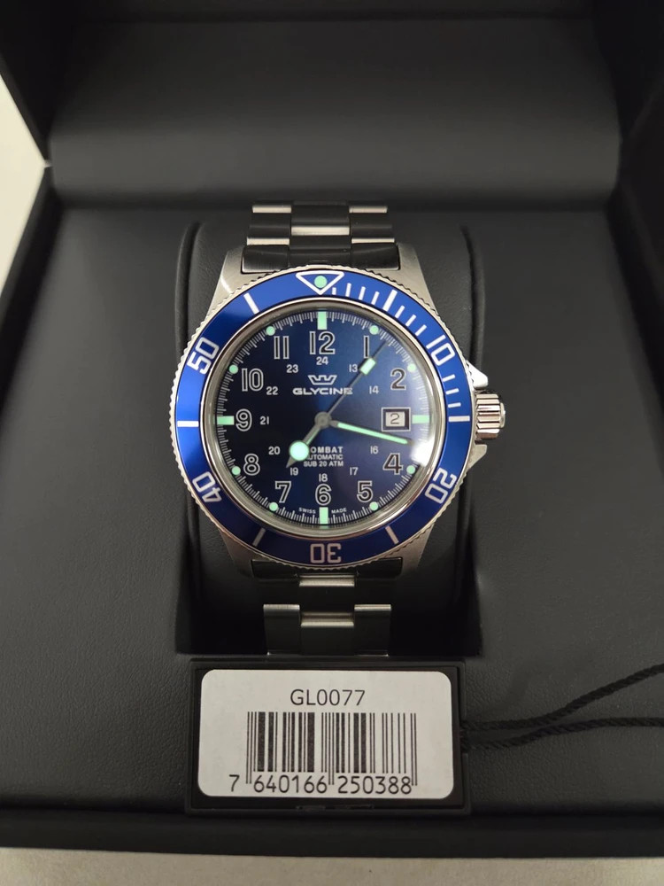 Glycine Combat Sub Automatic GL0077 Blue Dial 42mm Swiss Men’s Watch Box Papers