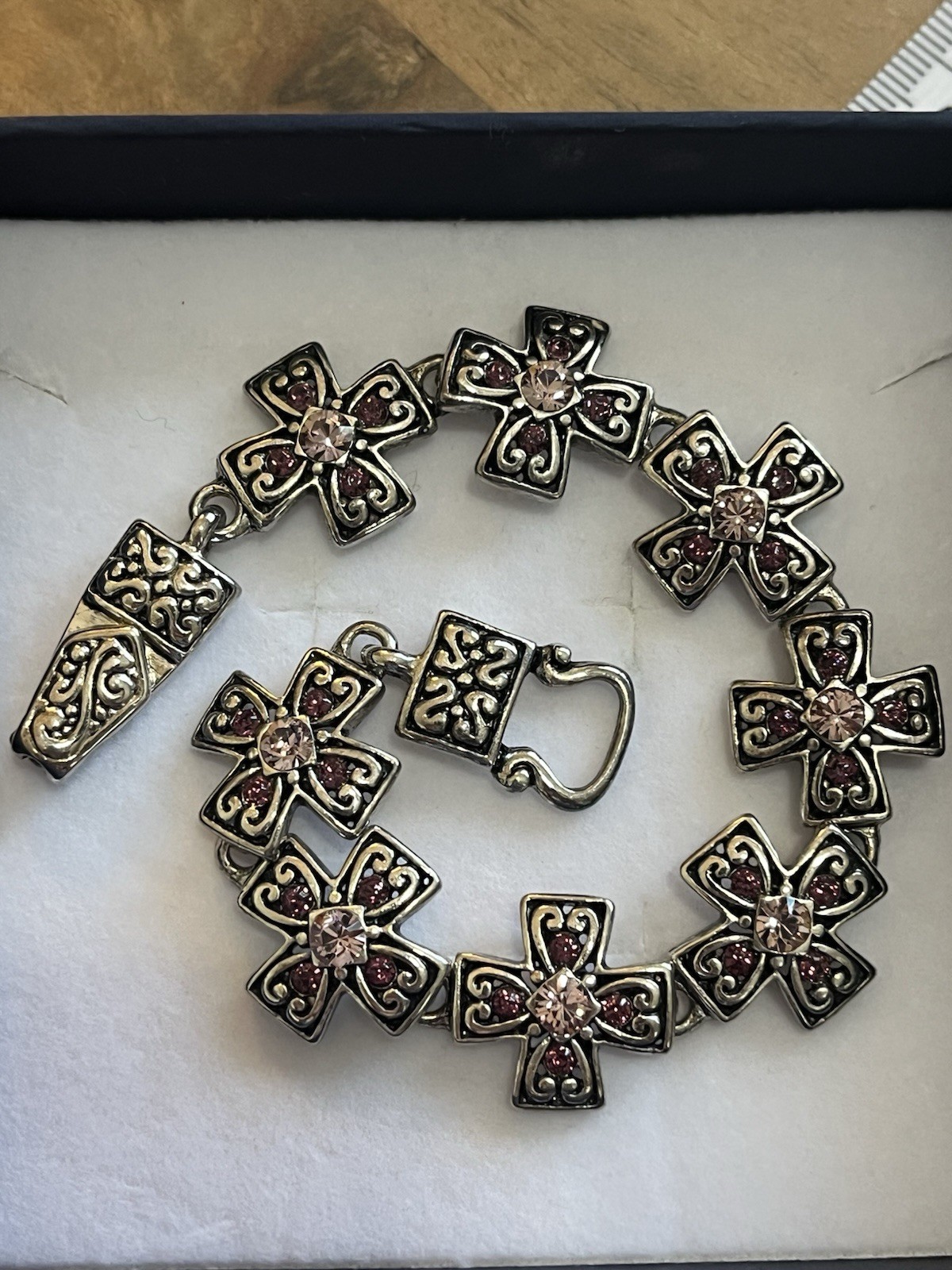 Vintage Gothic Stainless Steel Cross Link Bracelet Pink Rhinestone Crystal 7.5″