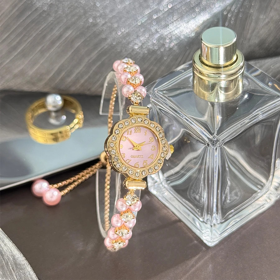 Double-Row Pearl Pull-Open Bracelet Diamond-Encrusted Case Arabic Numeral Scale