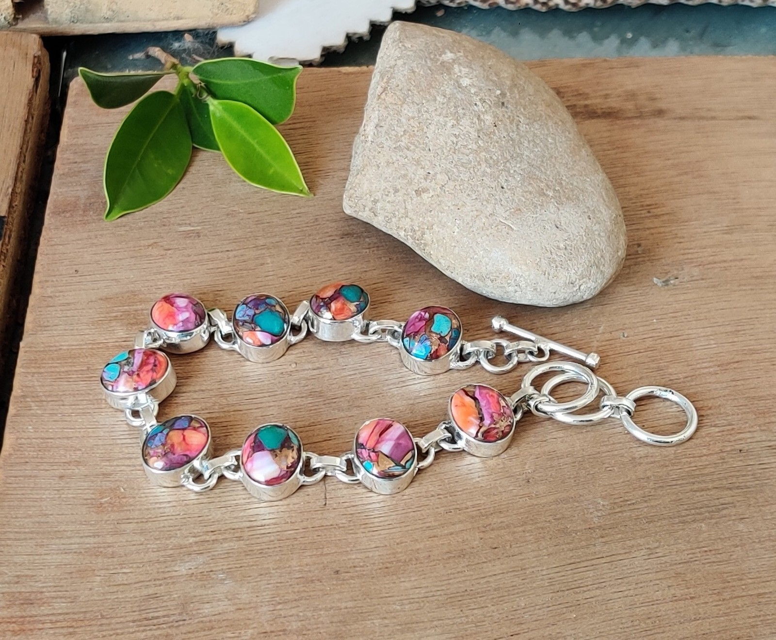 Pink Oyster Copper Turquoise Gemstone 925 Sterling Silver Women Bracelet MO+1021