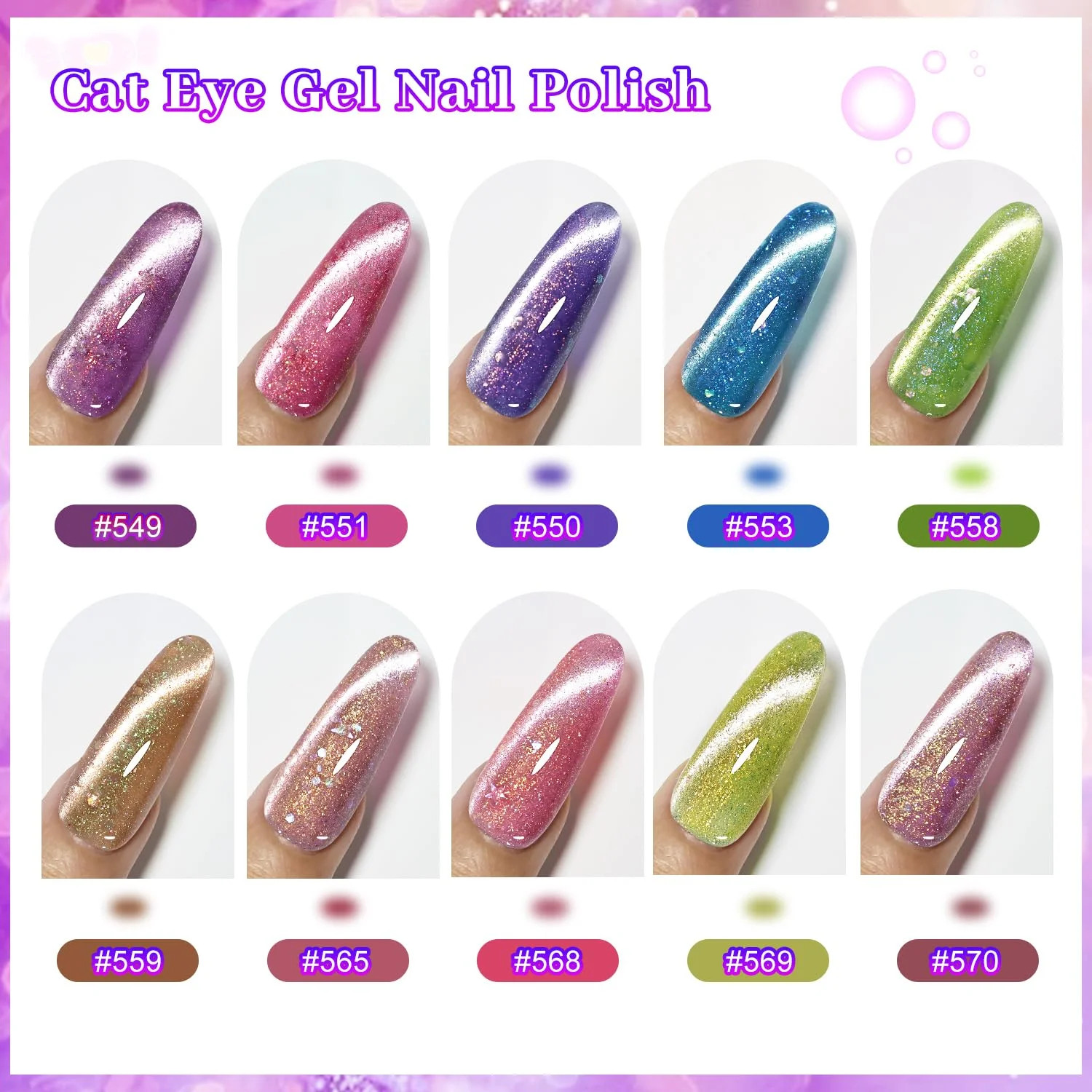 Cat Eye Gel Nail Polish Set 10 Colors Glitter Pink Purple Blue Green with Base C