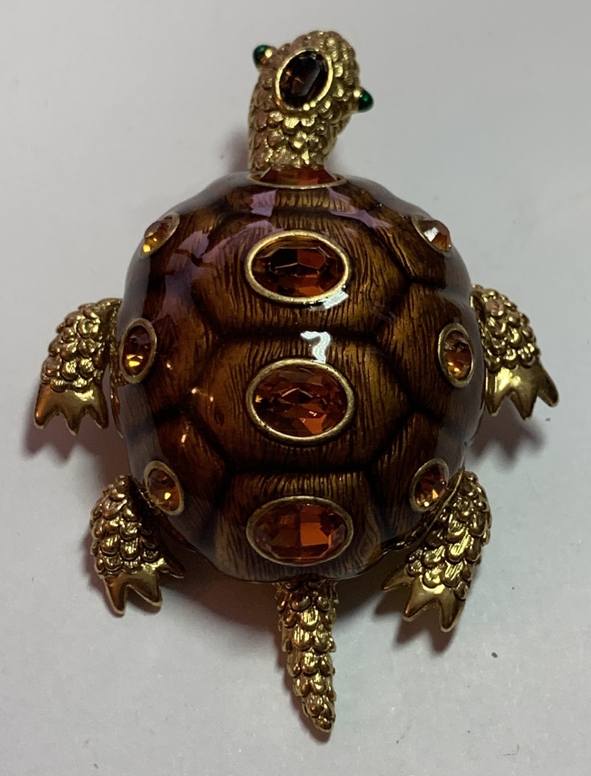Vintage Joan Rivers Collection Topaz Crystal Enamel Turtle Brooch 3D