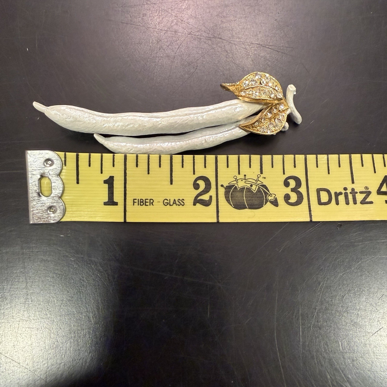 Vintage White Enamel Pea Pod Figural Brooch Pin Gold Tone Rhinestone Leaves