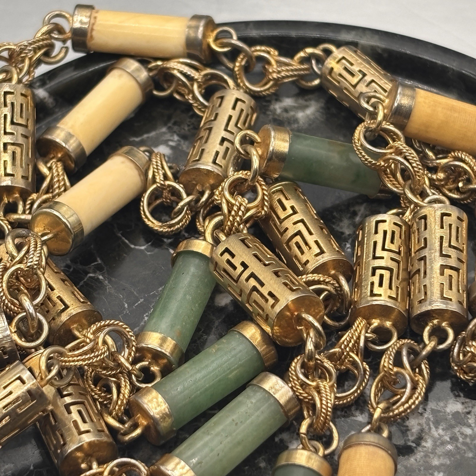 Pair Chinoiserie Style Gold Tone Jade Necklaces Ornate 29” Philippine