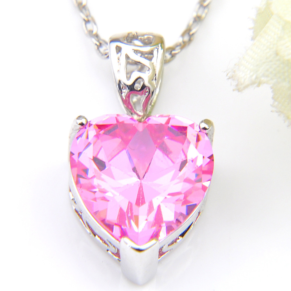 Heart-shaped Natural Pink Topaz Gemstone Silver Lady Necklace Pendant With Chain
