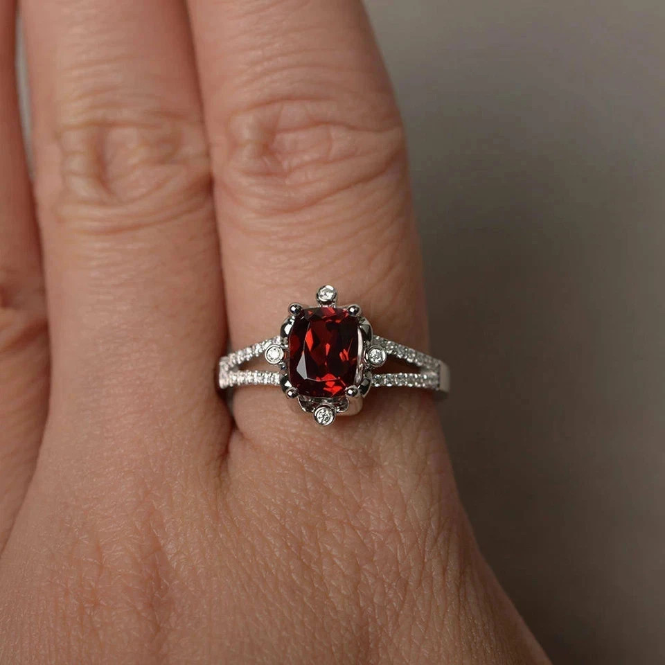 2.50 Ct Cushion Cut Natural Garnet Diamond Wedding Ring 14K White Gold Size 6 7