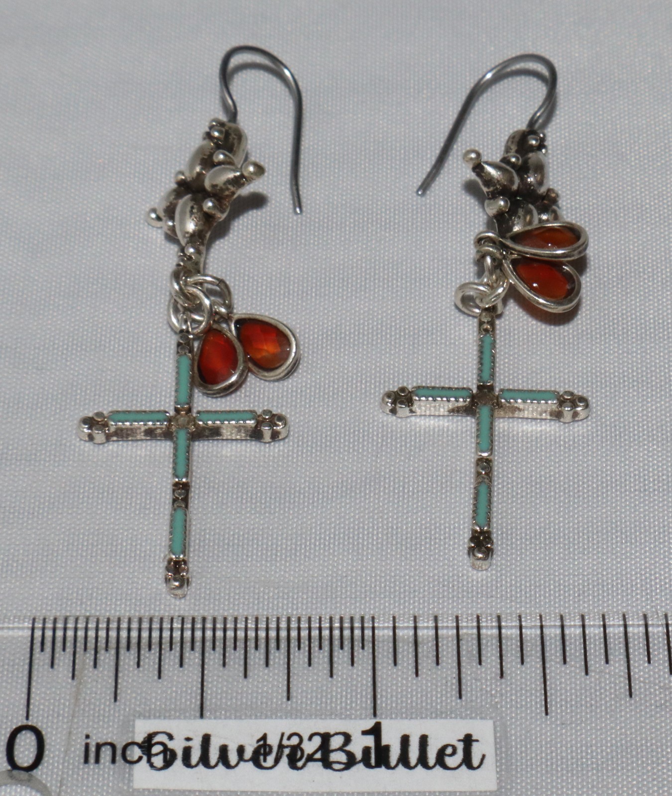 Sterling Silver Blue Enamel Cross Amber Stone Dangle Earrings