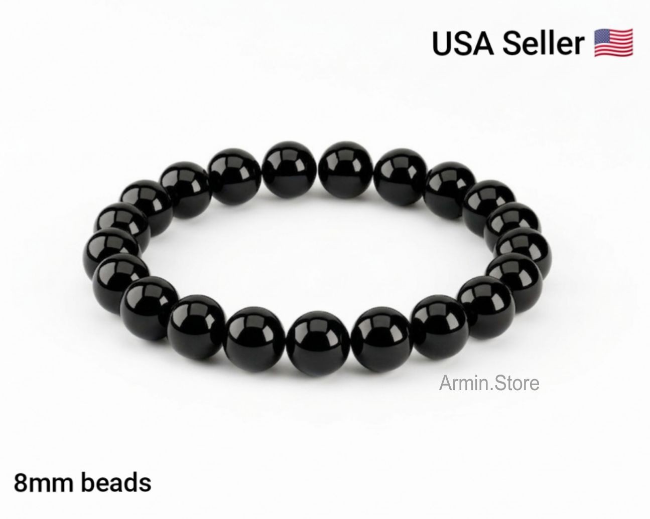 Beaded Bracelet 8mm Natural Stone Beads Men’s Gorgeous Semi-Precious Black Onyx
