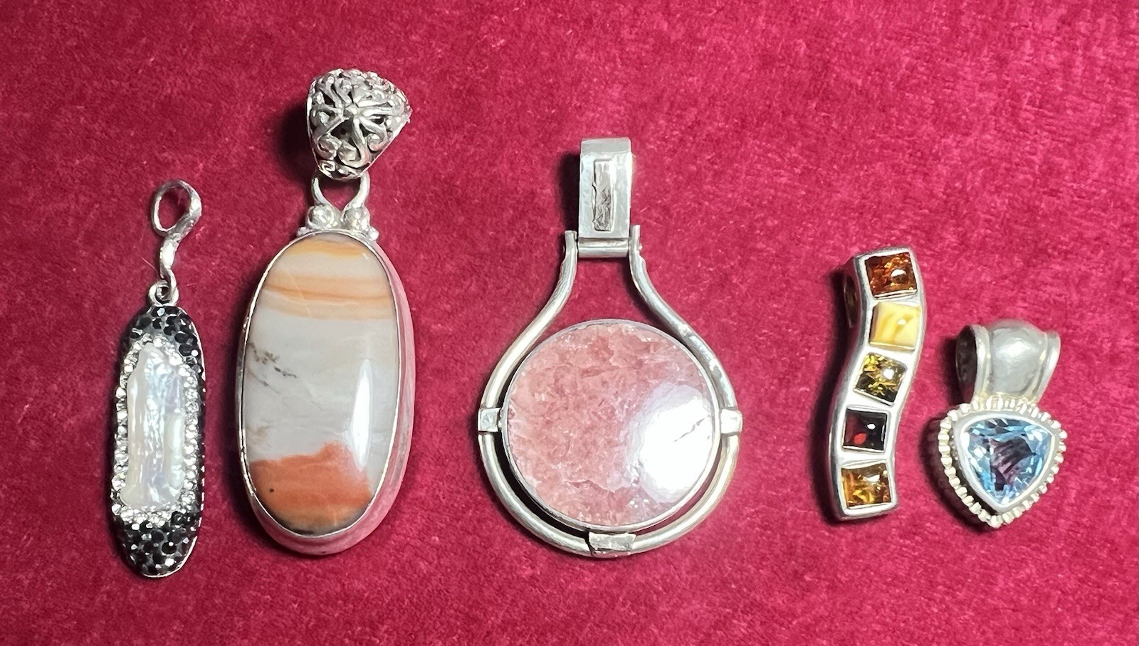Lot 5 Sterling Silver 925 & 950 Colorful Gem Stone Rhinestone Pendants 45 Grams