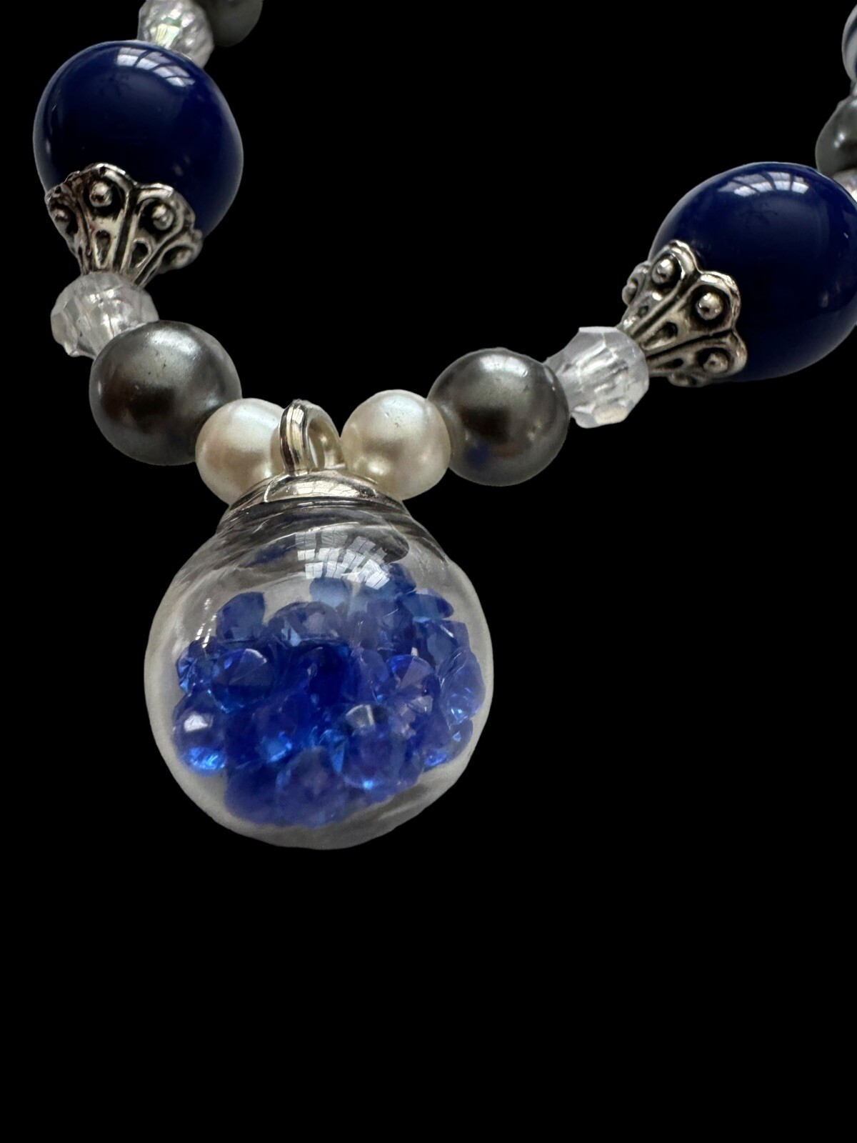 Handmade Beaded Blue White Silver Tone Necklace, Faux Sapphire Jar Pendant P4