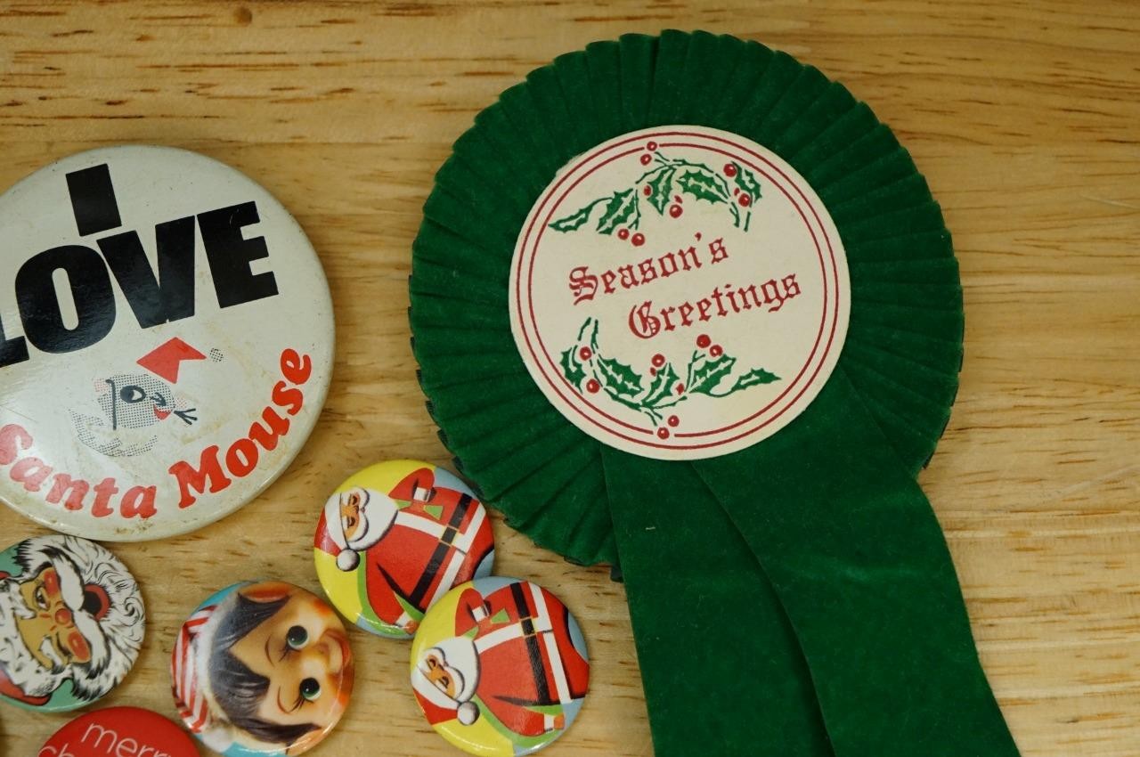 Vintage Pinback Buttons Holiday Christmas Santa Claus Seasons Greetings Ribbon