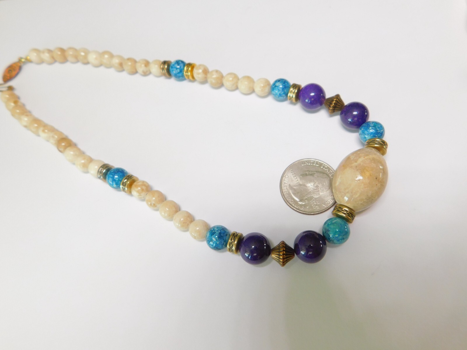 Blue Beige Purple Glass Natural Stone Gold Tone Beaded Necklace Vintage