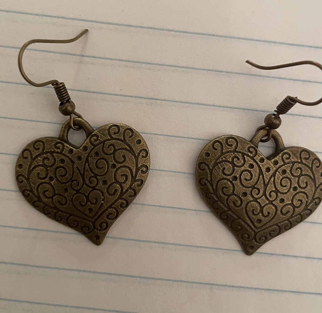 Retro Bohemian Gypsy Filigree Brass Heart French Wire Dangling Earrings