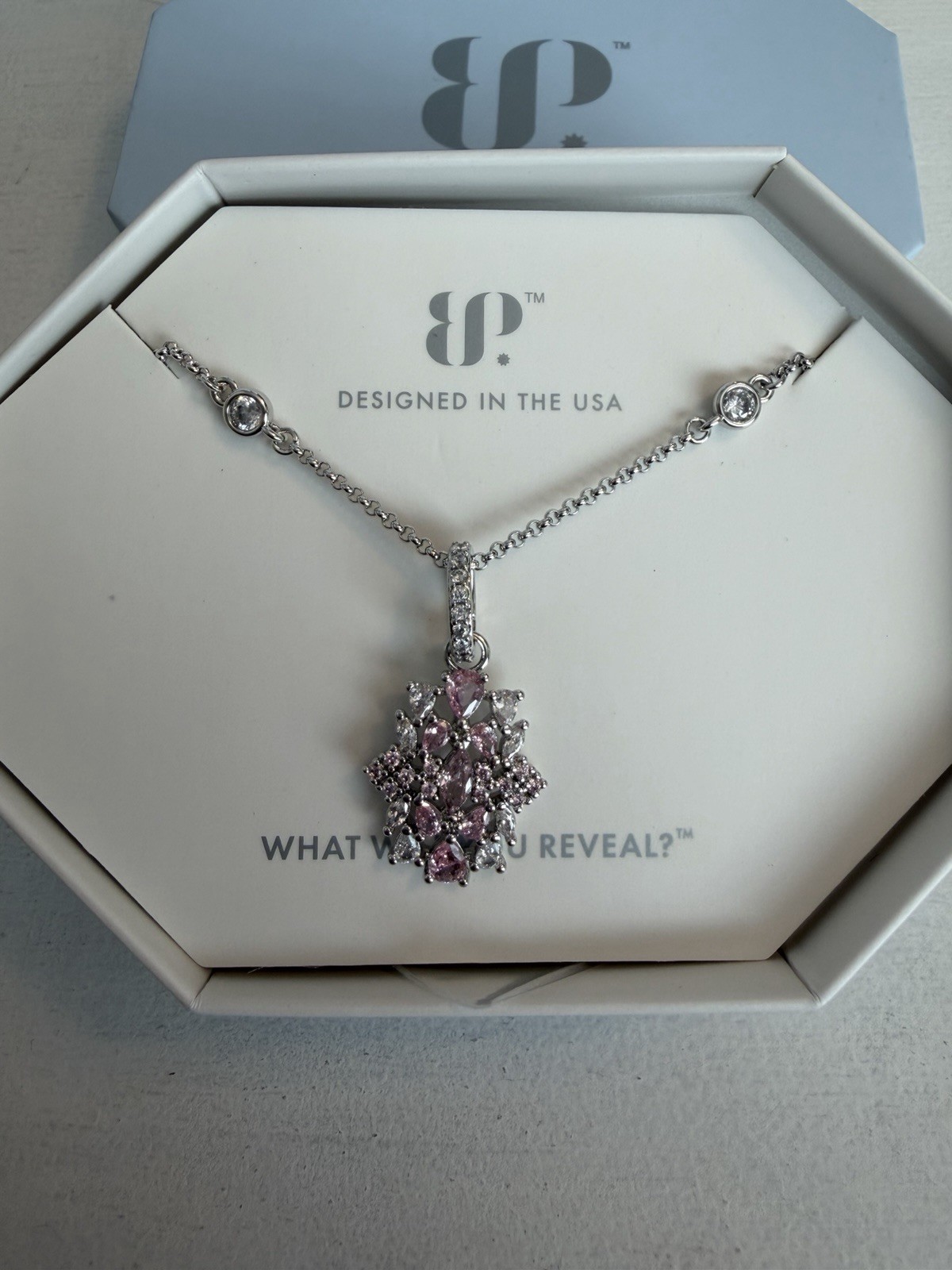 BP Rhodium Plated Rose Quartz CZ Asymmetrical Pendant Necklace 18in NK51795