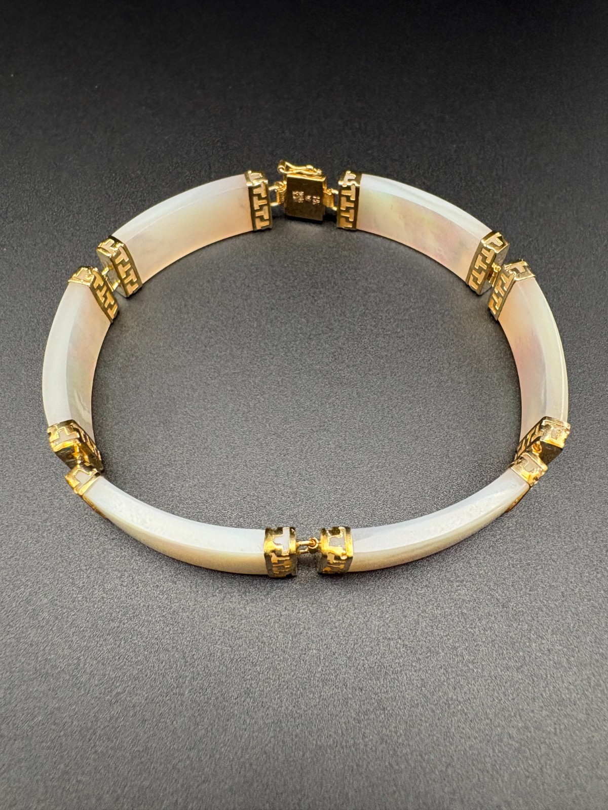Vintage 14K Yellow Gold Mother of Pearl Greek Key Link Bracelet Heavy 16.1g