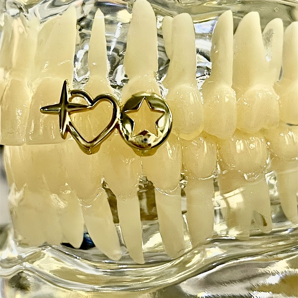 Vintage Double Hollow Heart Star Teeth Grillz Hip Hop Glossy Cross Tooth Caps