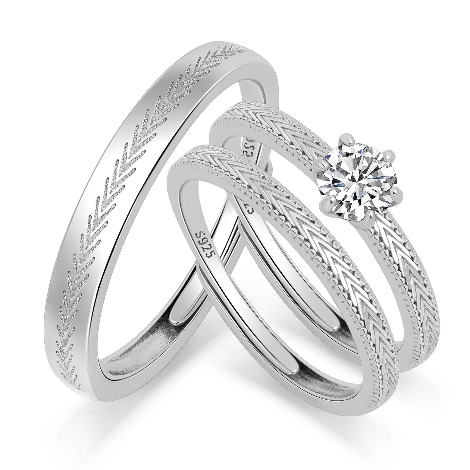 Meissa S925 Silver CZ Couple Ring Set of 3 Engagement Promise Anniversary Rings