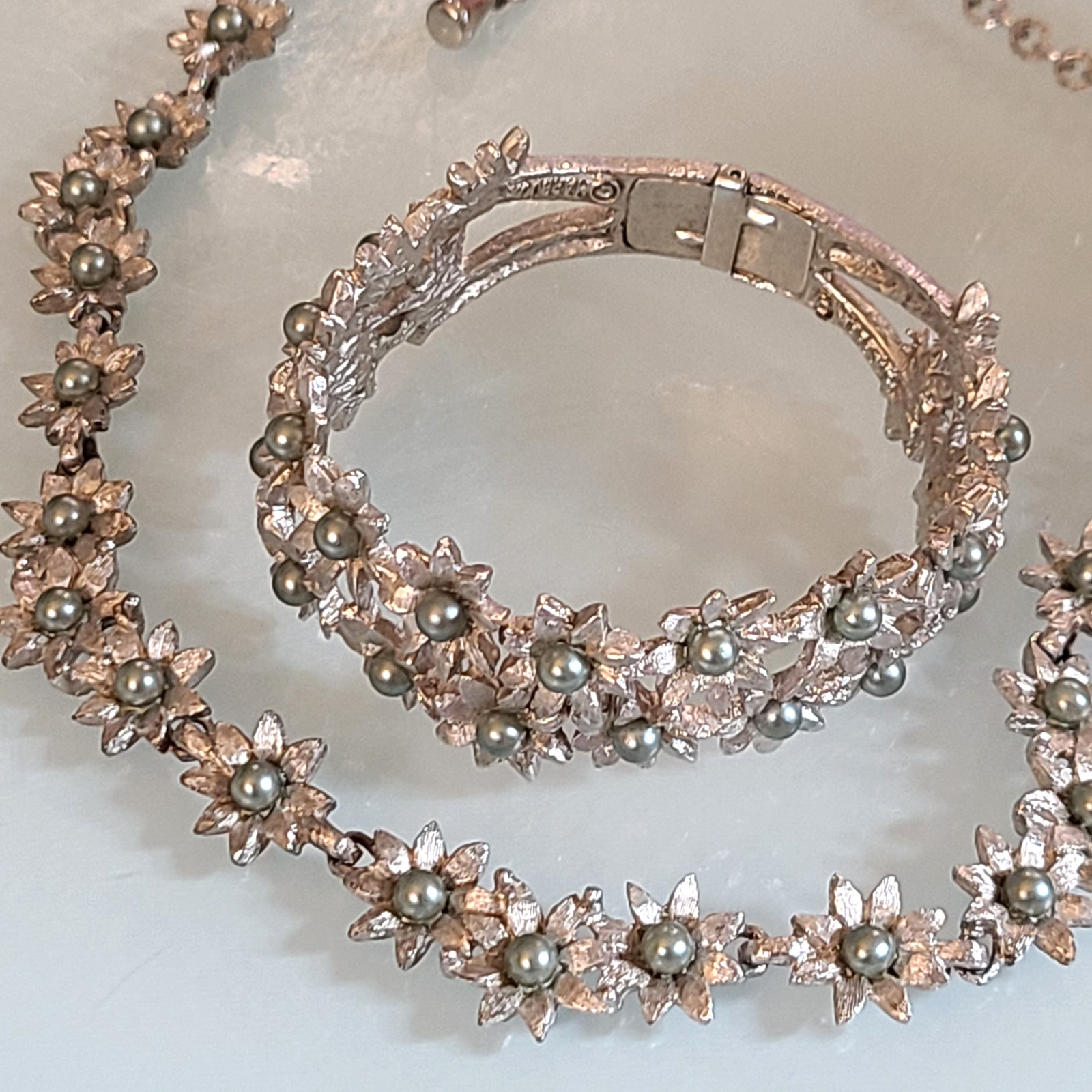 Vintage Marboux BOUCHER Floral Clamper Bracelet Necklace Set Grey Green Pearl
