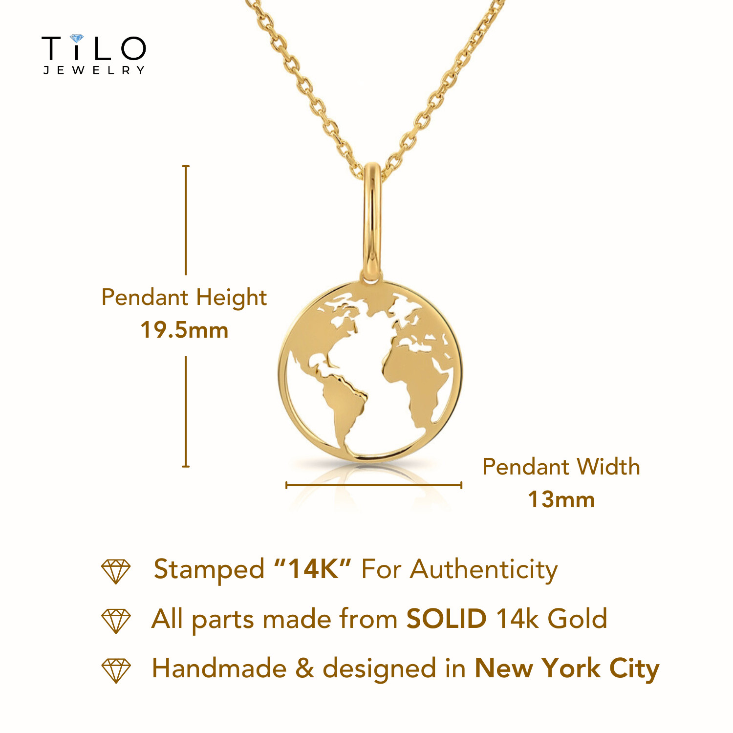 14K Real Solid Yellow Gold World Map Openwork Pendant Charm Necklace 18 in