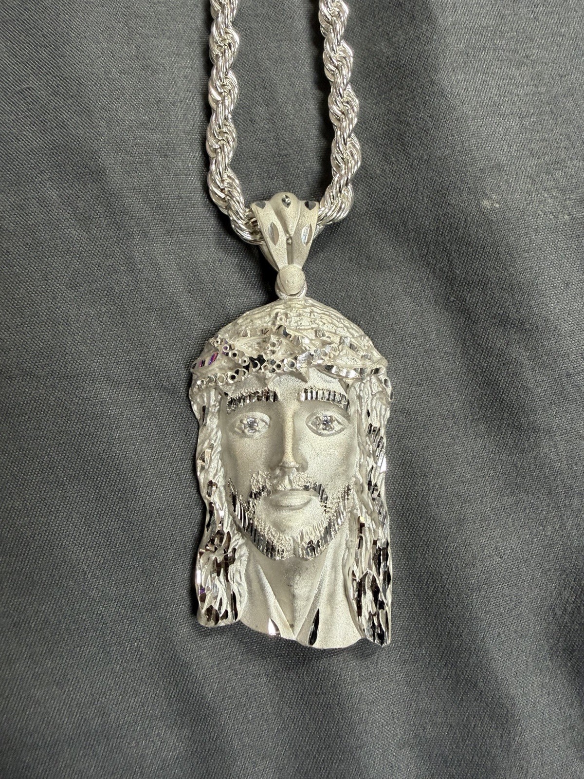 Silver Rope Chain Necklace Engraved Jesus Head Pendant Charm Lobster Clasp