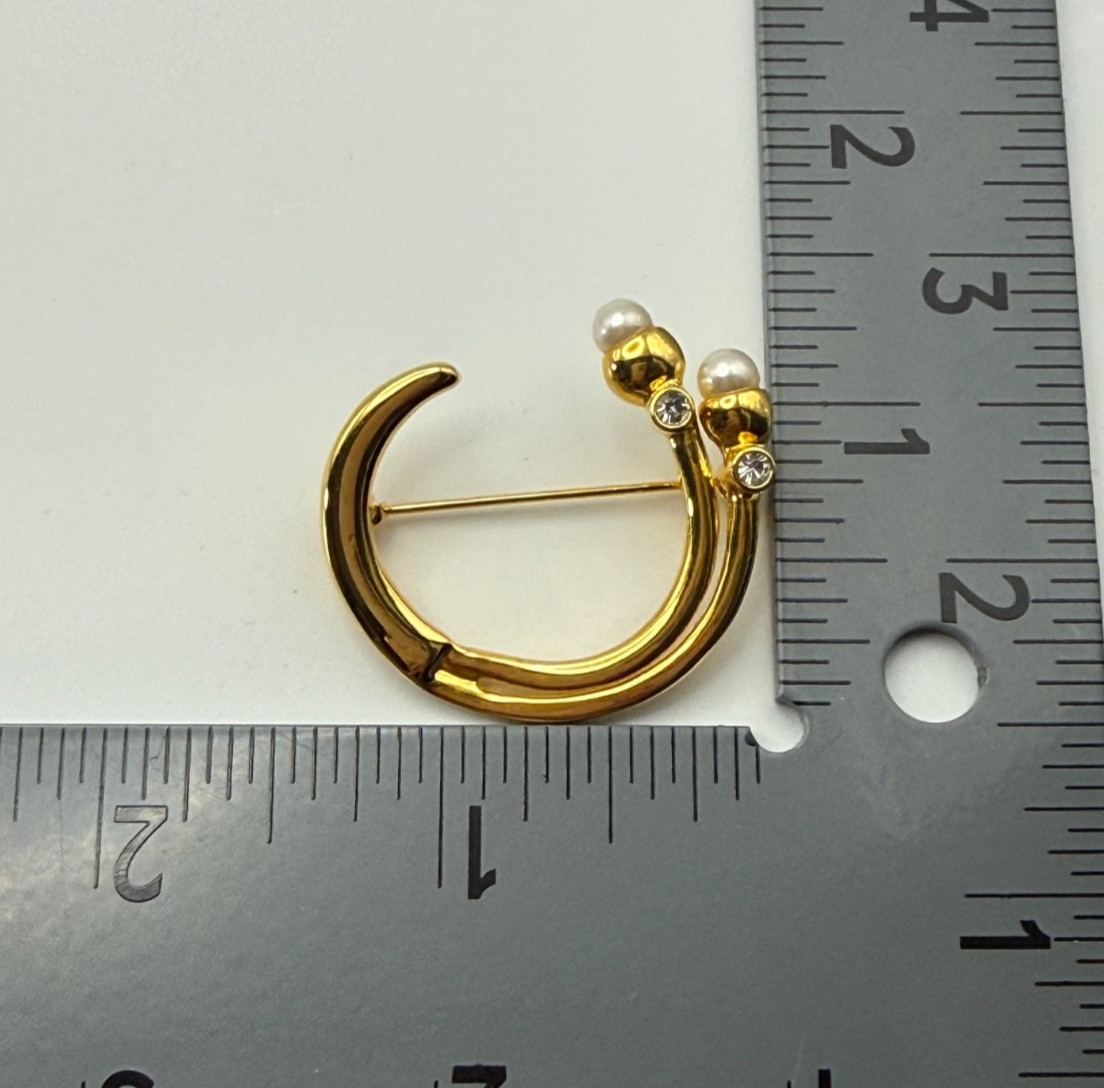 Gold Tone Crescent Moon Brooch Faux Pearl Rhinestone Pin
