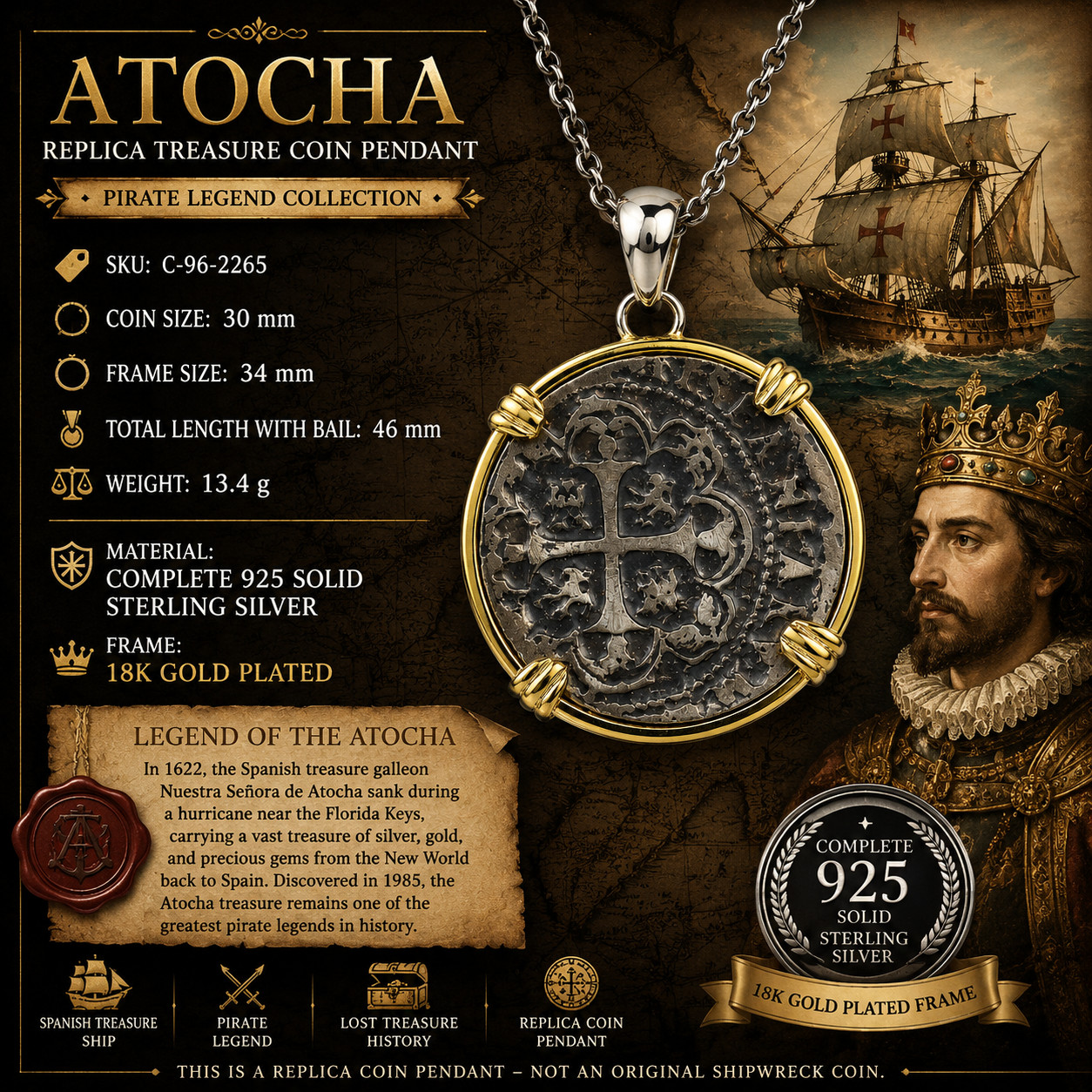 Spanish Atocha Ship Wreak Coin Pendant 46mm Treasure Coin | 13.4g 925 Silver