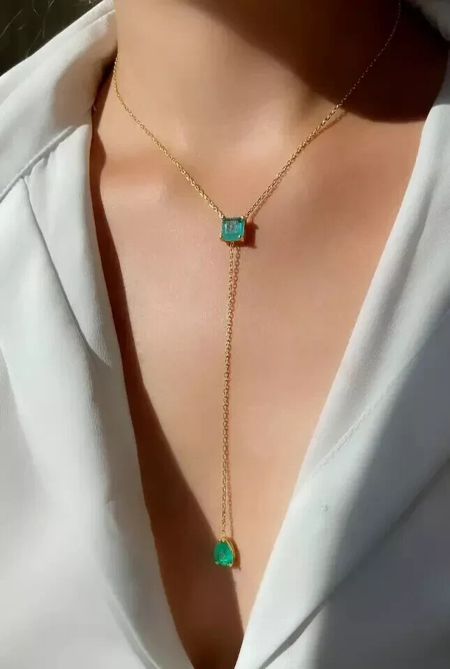 2CT Emerald Long Layering Y Drop Lariat Pendant Necklace 14K Yellow Gold Plated