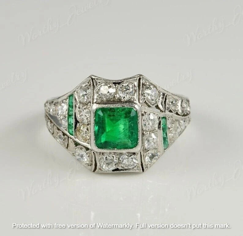 2.30Ct Lab-Created Green Emerald Engagement Ring 14K White Gold Over